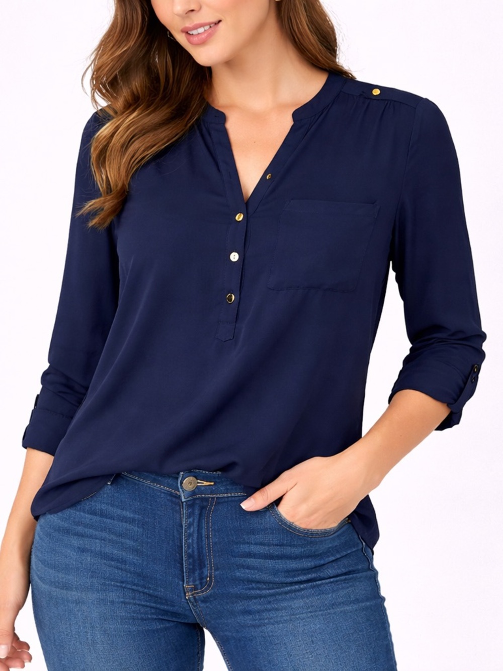 Women’s Navy Blue Blouse Size Small Gold Button V-Neck Long Sleeve Top